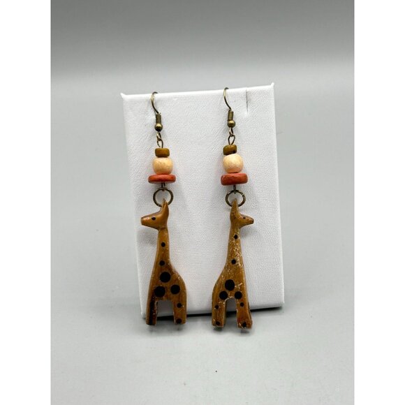 Vintage Giraffe Earrings Carved Hand Painted Wood Dangles Animal Ethnic Jewelry - Picture 4 of 8
